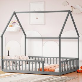 Full Size House Floor Bed With Roof Frame and Safety Guardrails