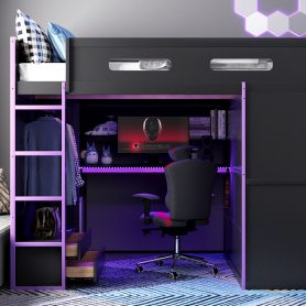 Wood Full Size Loft Bed with Desk, Multi-Storage Shelves and RGB Light