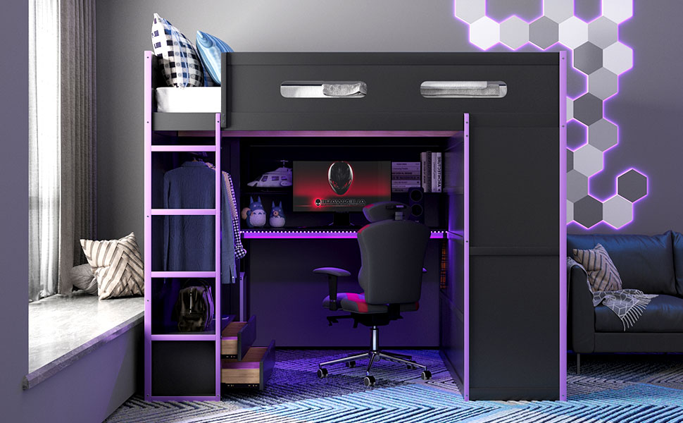 Wood Full Size Loft Bed with Desk, Multi-Storage Shelves and RGB Light