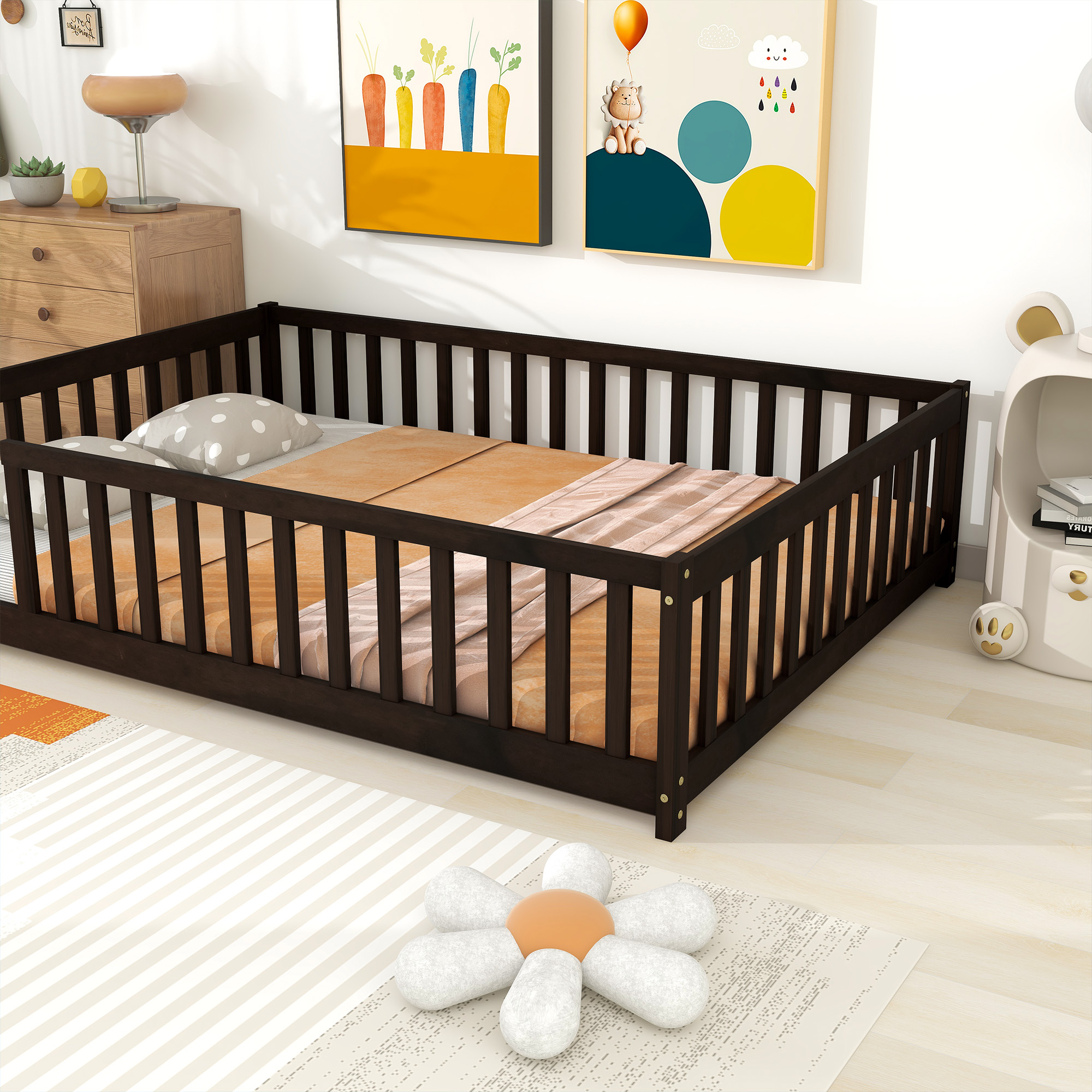 Rubber Wood Full Size Floor Bed with Fence without Door