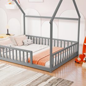 Full Size House Floor Bed With Roof Frame and Safety Guardrails
