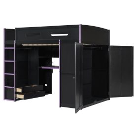 Wood Full Size Loft Bed with Desk, Multi-Storage Shelves and RGB Light
