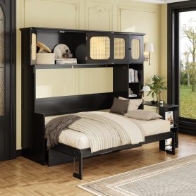 Full Murphy Bed With Desk And Rattan Cabinets
