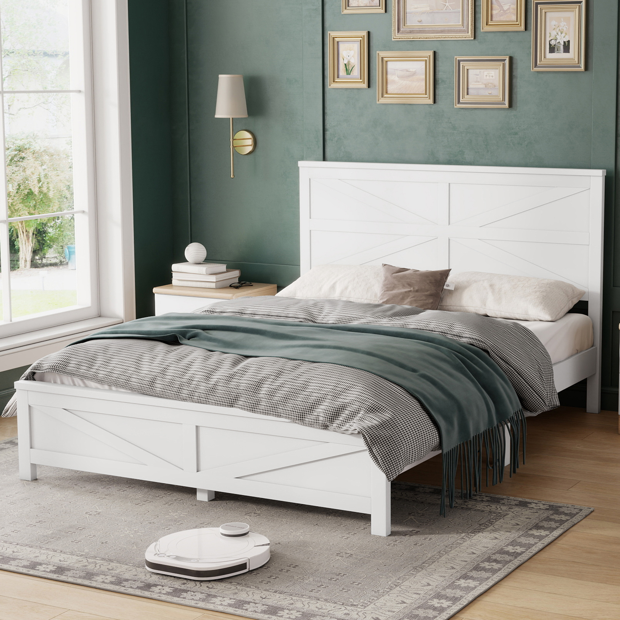 Farmhouse Style Queen Size Bed with Barn Door Designed Headboard and Footboard