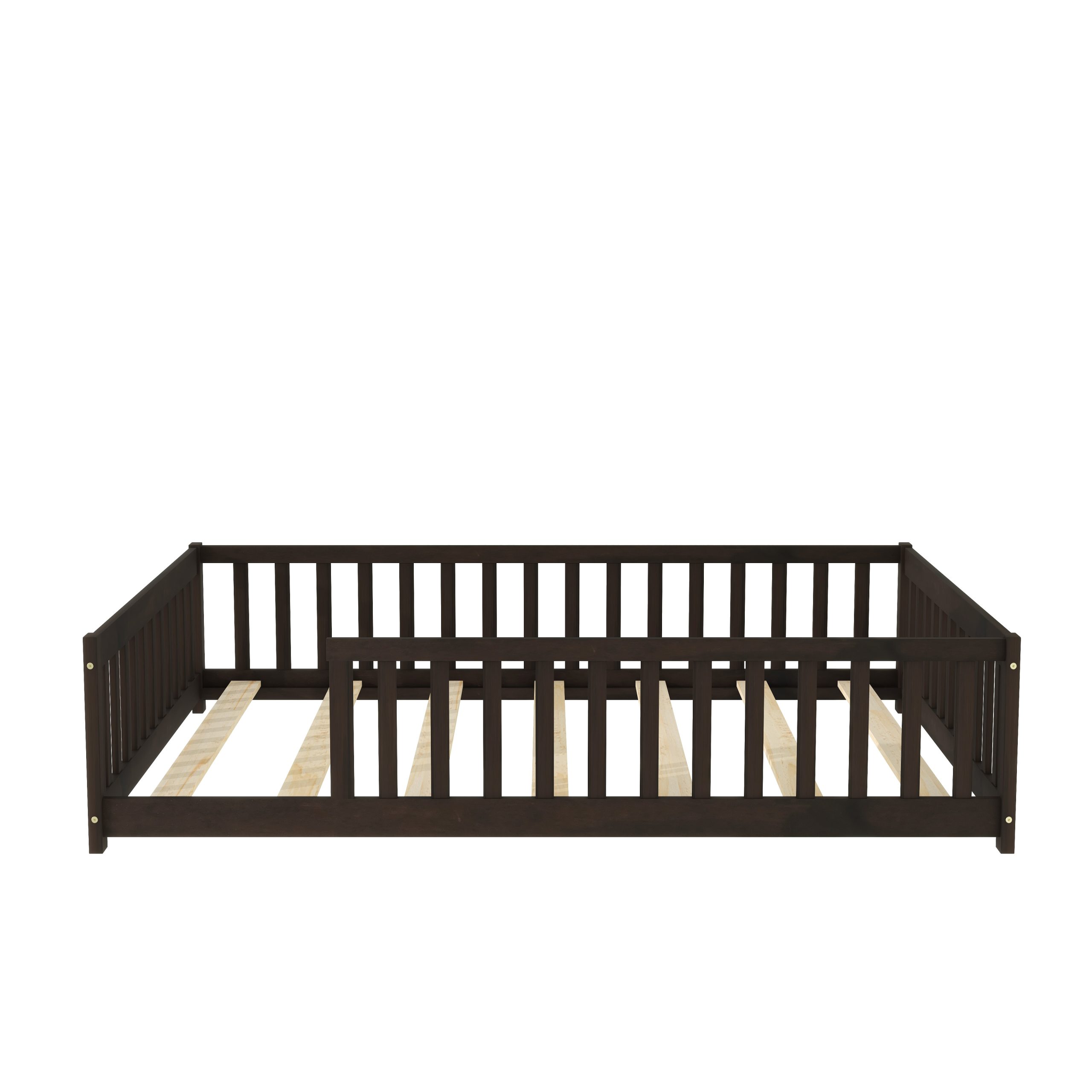 Rubber Wood Full Size Floor Bed with Fence without Door
