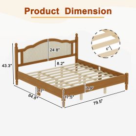 King Size Wooden Platform Bed with Natural Rattan Headboard