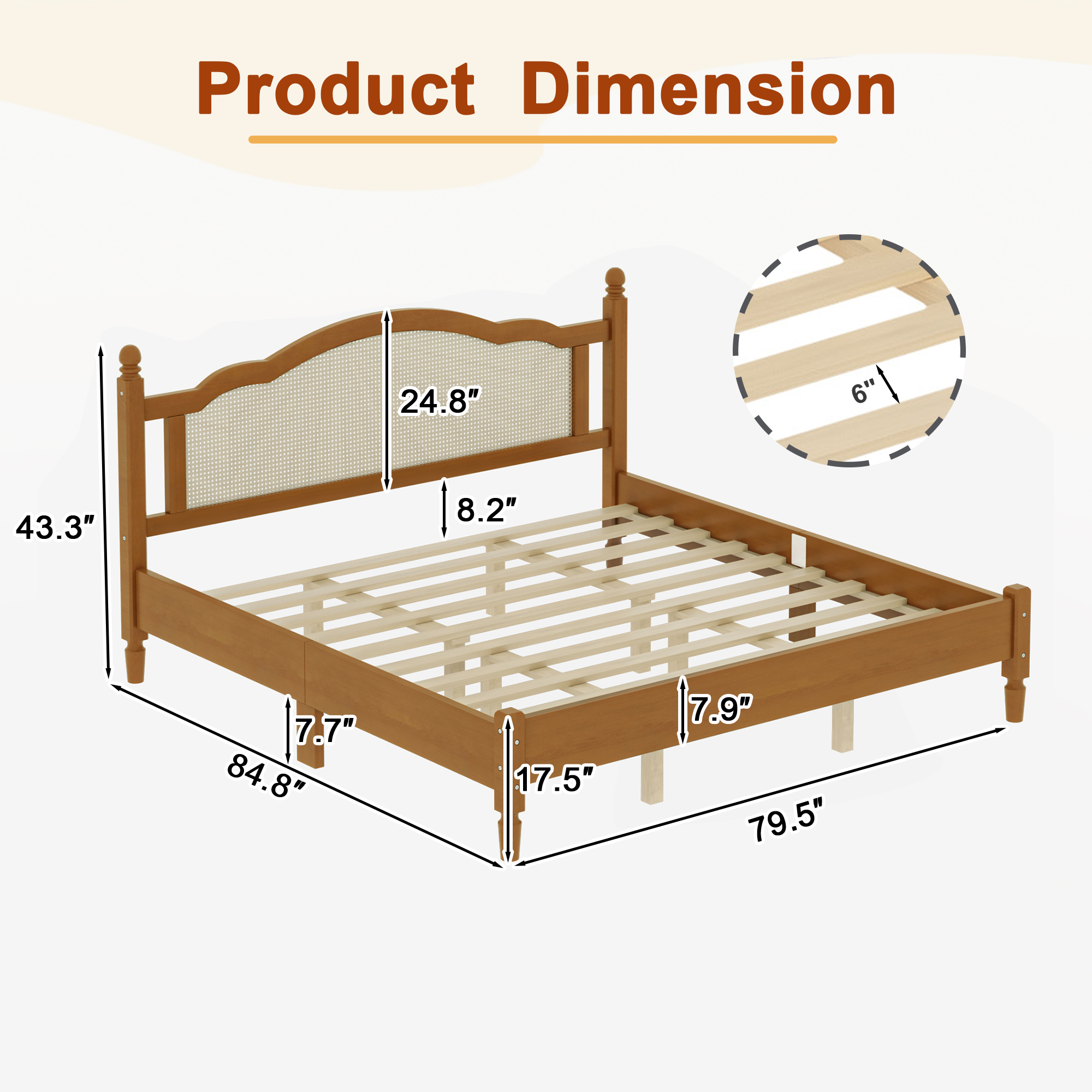 King Size Wooden Platform Bed with Natural Rattan Headboard