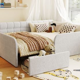 Full Size Boucl Fabric Daybed Frame With Storage Drawer