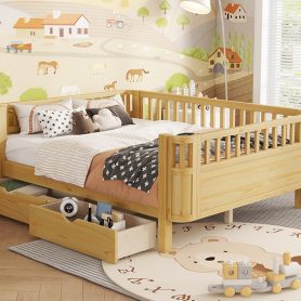 Wood Low Profile Full Bed with Rails and Drawers