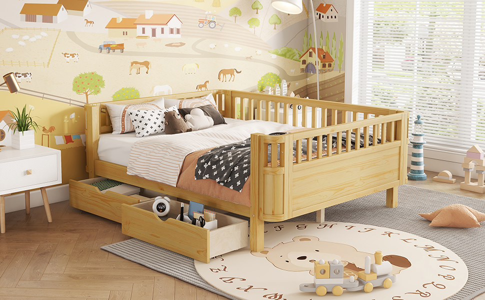 Wood Low Profile Full Bed with Rails and Drawers