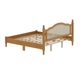King Size Wooden Platform Bed with Natural Rattan Headboard