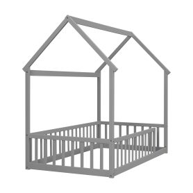 Twin Size House Floor Bed With Roof Frame and Safety Guardrails