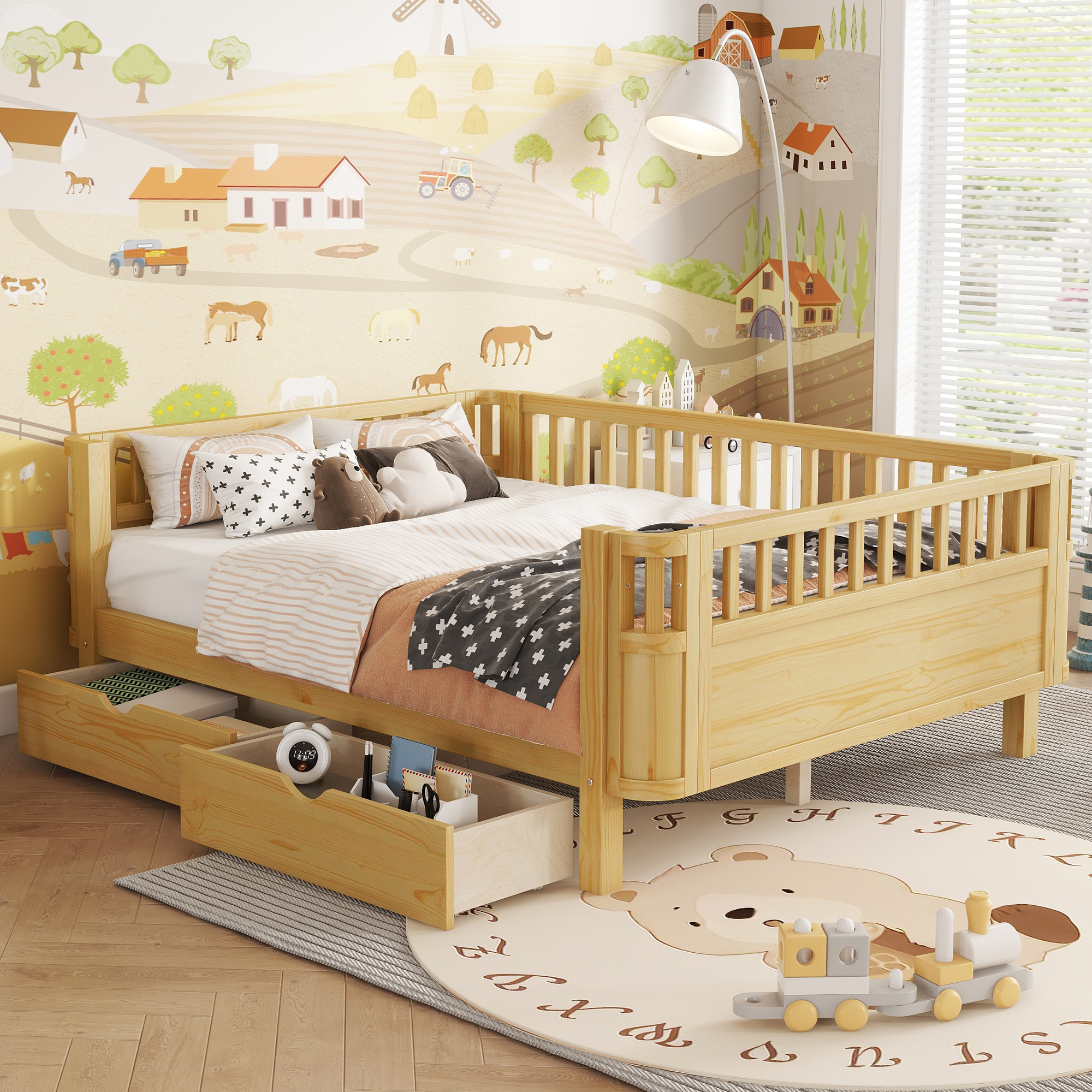 Wood Low Profile Full Bed with Rails and Drawers