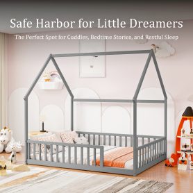 Full Size House Floor Bed With Roof Frame and Safety Guardrails