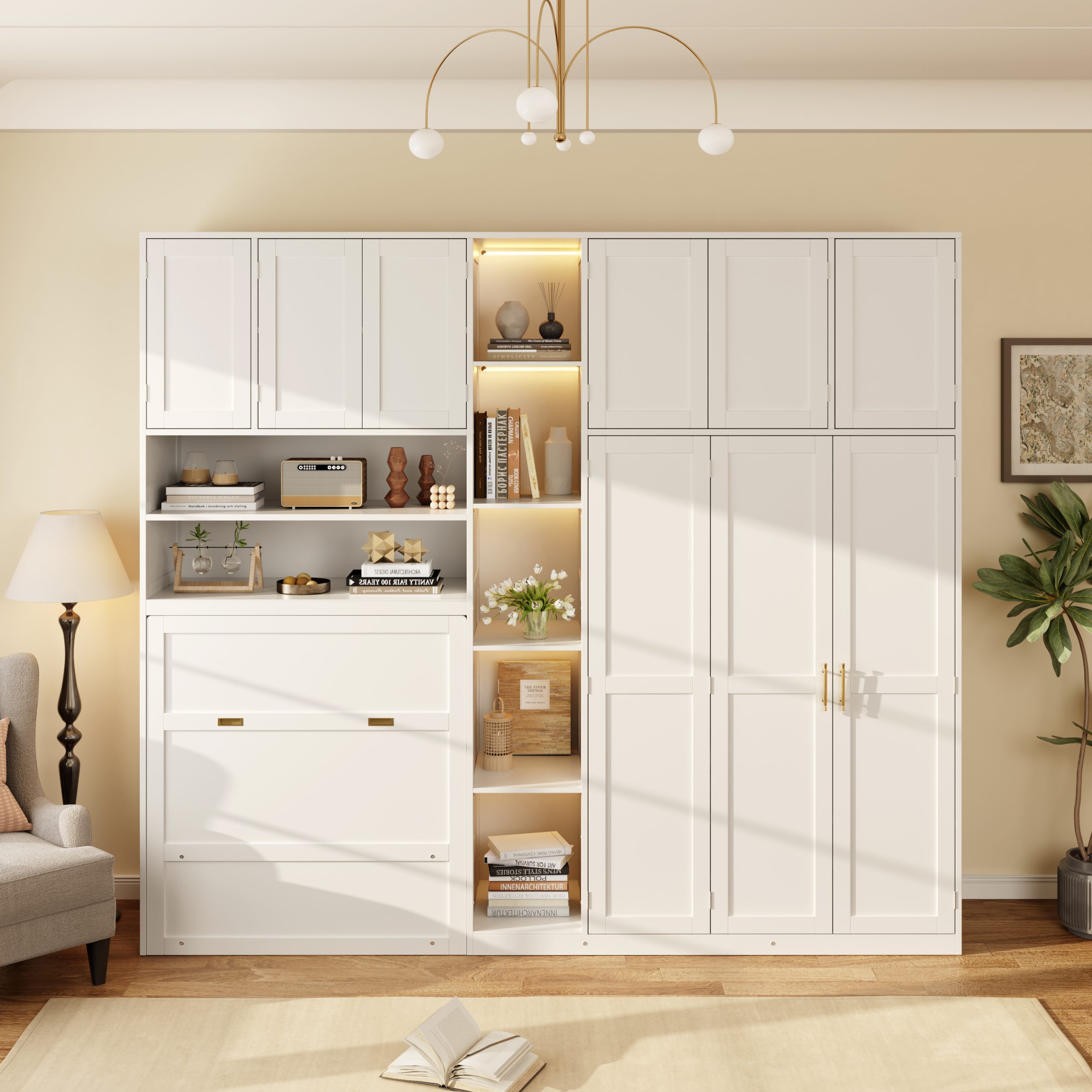 Twin Size Murphy Cabinet Bed With Wardrobe & Storage Shelves, 5-Tier LED Display Shelves, Overhead Cabinets