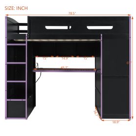 Wood Full Size Loft Bed with Desk, Multi-Storage Shelves and RGB Light