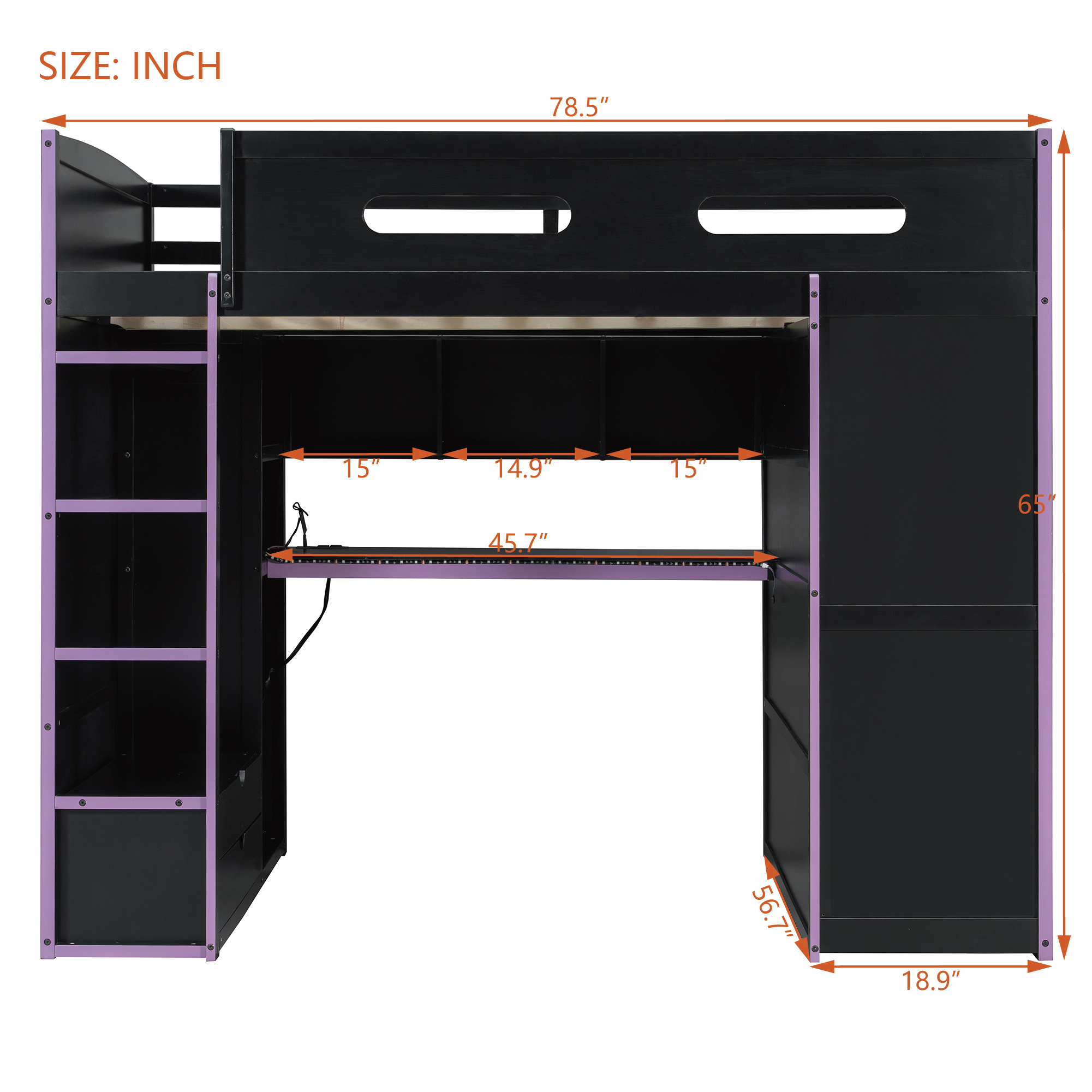 Wood Full Size Loft Bed with Desk, Multi-Storage Shelves and RGB Light
