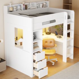 Twin Size Wooden Gaming Loft Bed with U-Shaped Desk, Smart RGB LED Lights and USB Ports
