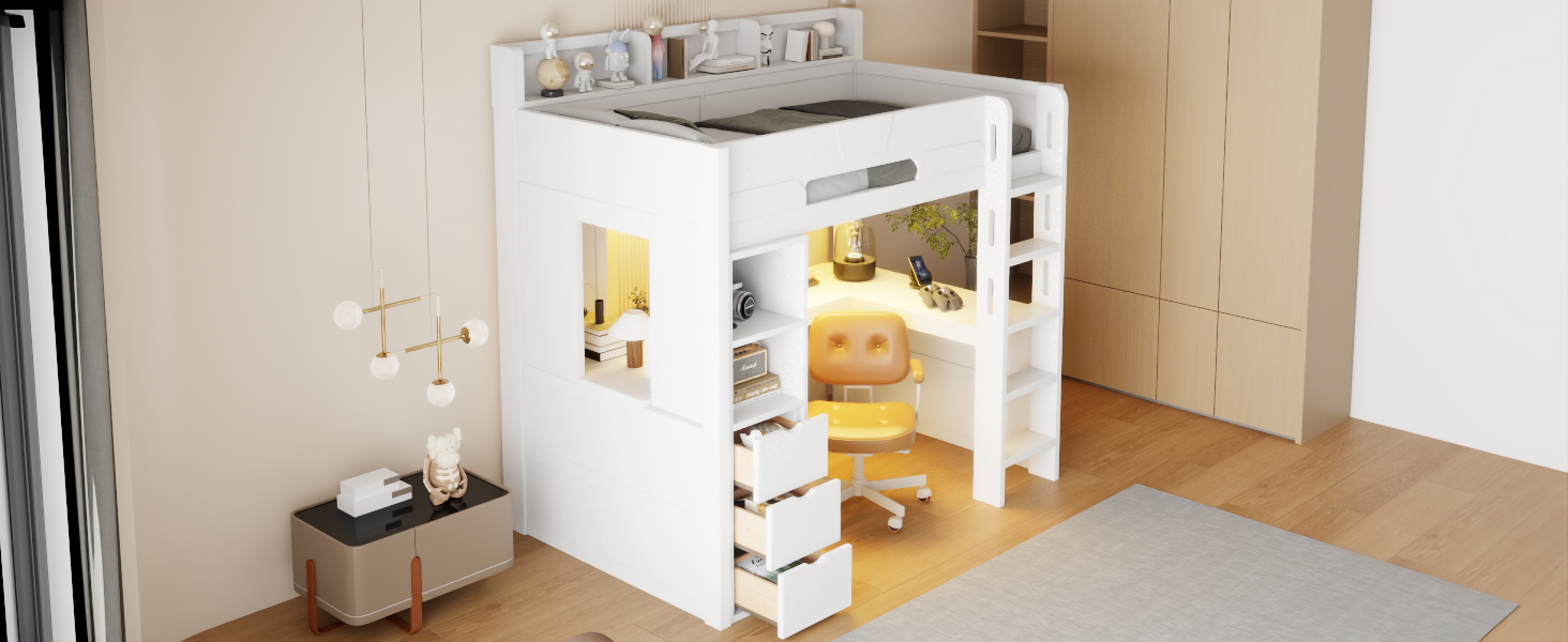 Twin Size Wooden Gaming Loft Bed with U-Shaped Desk, Smart RGB LED Lights and USB Ports