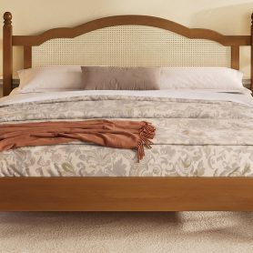 King Size Wooden Platform Bed with Natural Rattan Headboard