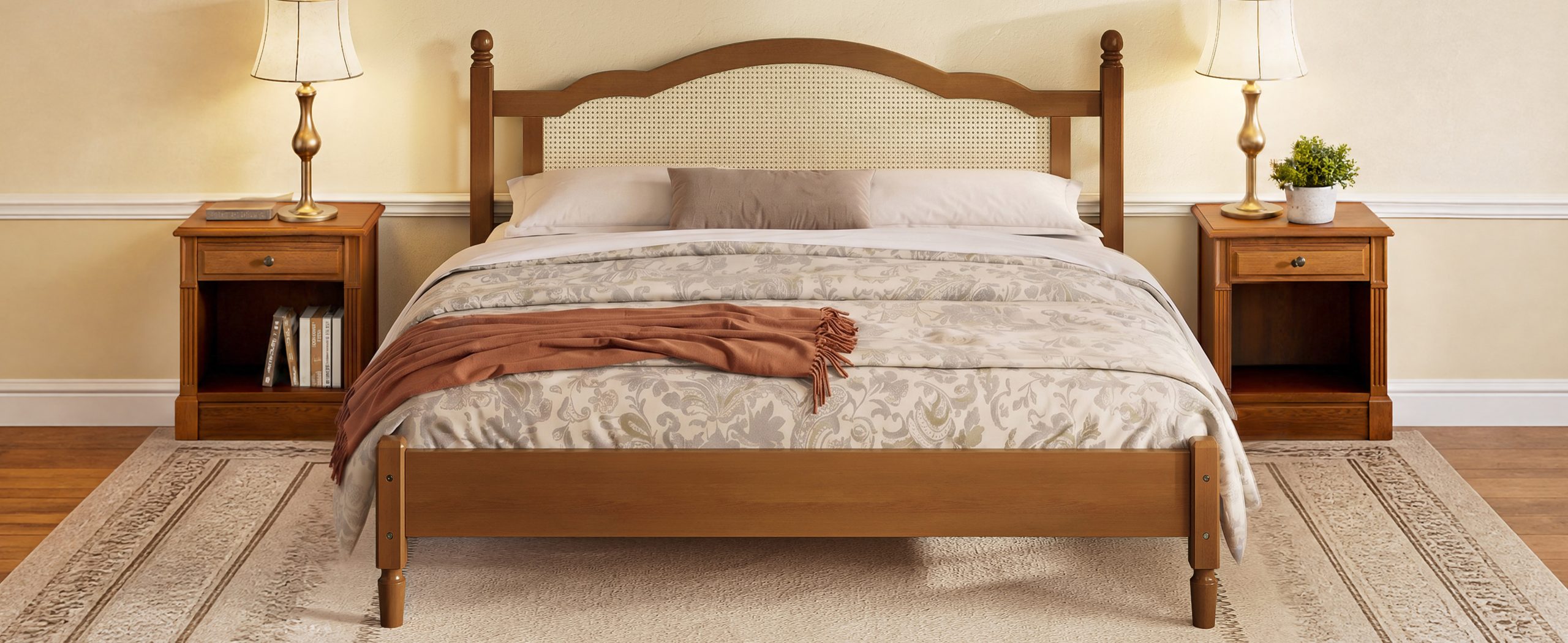 King Size Wooden Platform Bed with Natural Rattan Headboard