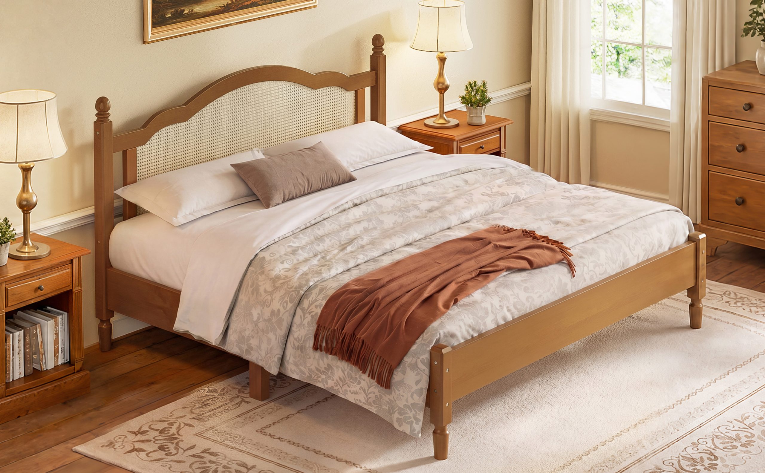 King Size Wooden Platform Bed with Natural Rattan Headboard