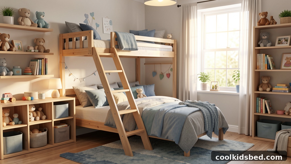 Bunk bed with angled ladder in a cozy kids bedroom