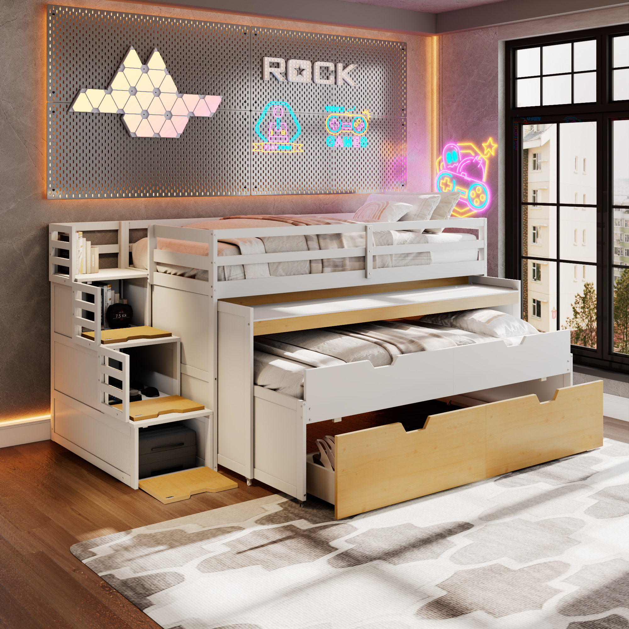 Twin XL Loft Bed with Pull-Out Desk and Twin Trundle