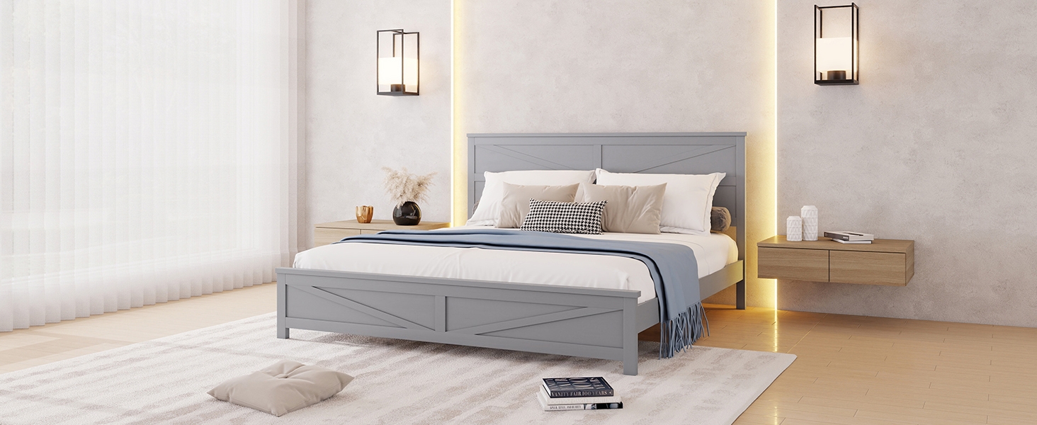 Farmhouse Style King Size Bed with Barn Door Designed Headboard and Footboard