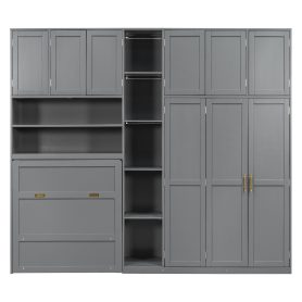 Twin Size Murphy Cabinet Bed With Wardrobe & Storage Shelves, 5-Tier LED Display Shelves, Overhead Cabinets