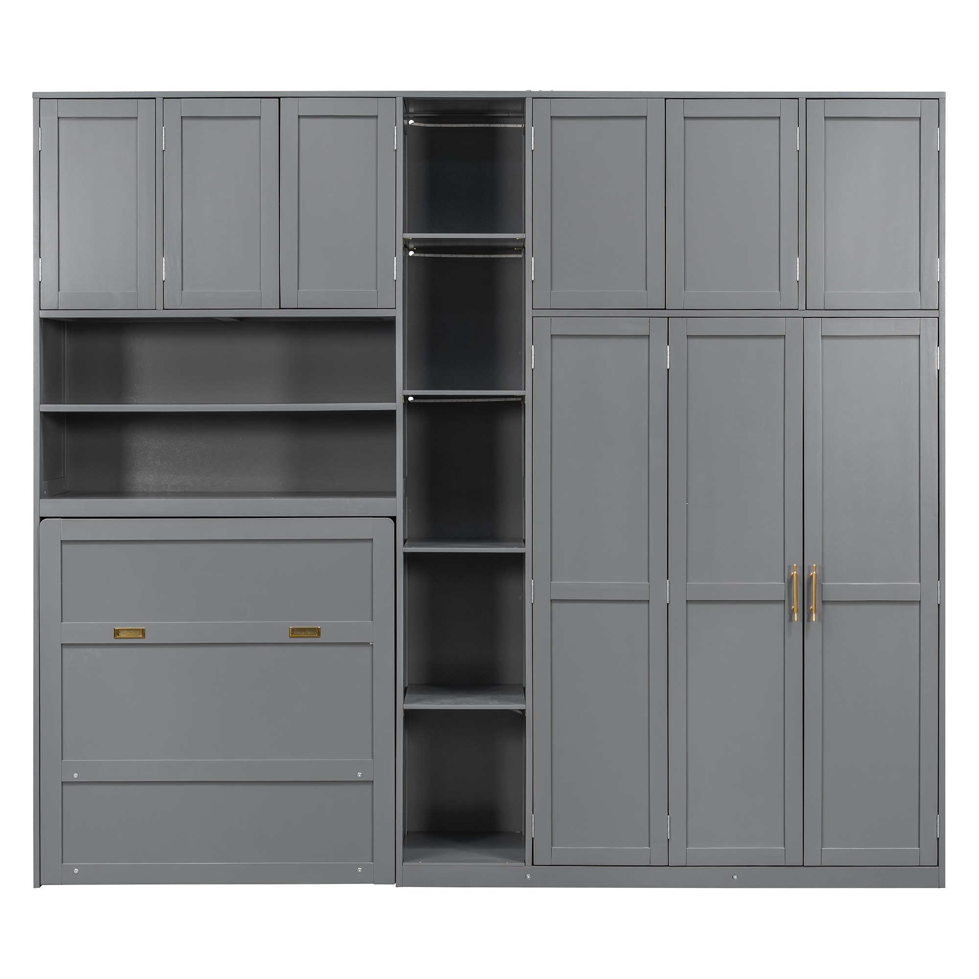 Twin Size Murphy Cabinet Bed With Wardrobe & Storage Shelves, 5-Tier LED Display Shelves, Overhead Cabinets