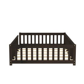 Rubber Wood Full Size Floor Bed with Fence without Door