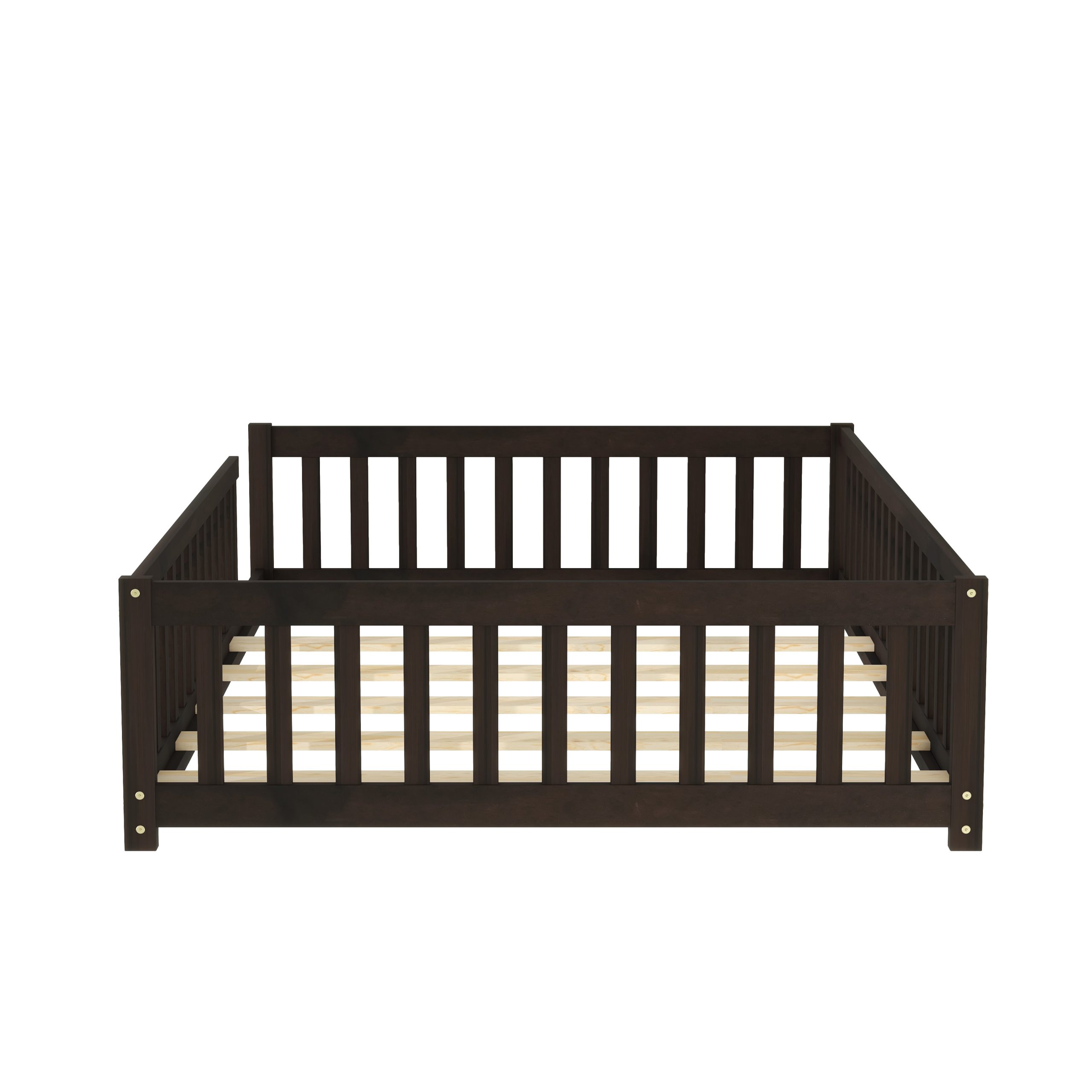 Rubber Wood Full Size Floor Bed with Fence without Door