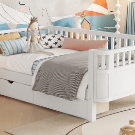 Wood Low Profile Twin Bed with Rails and Drawers