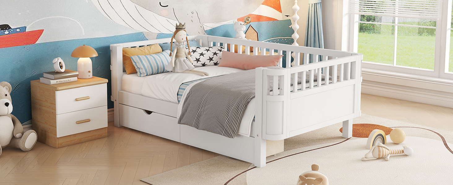 Wood Low Profile Twin Bed with Rails and Drawers