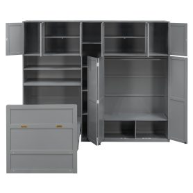 Twin Size Murphy Cabinet Bed With Wardrobe & Storage Shelves, 5-Tier LED Display Shelves, Overhead Cabinets