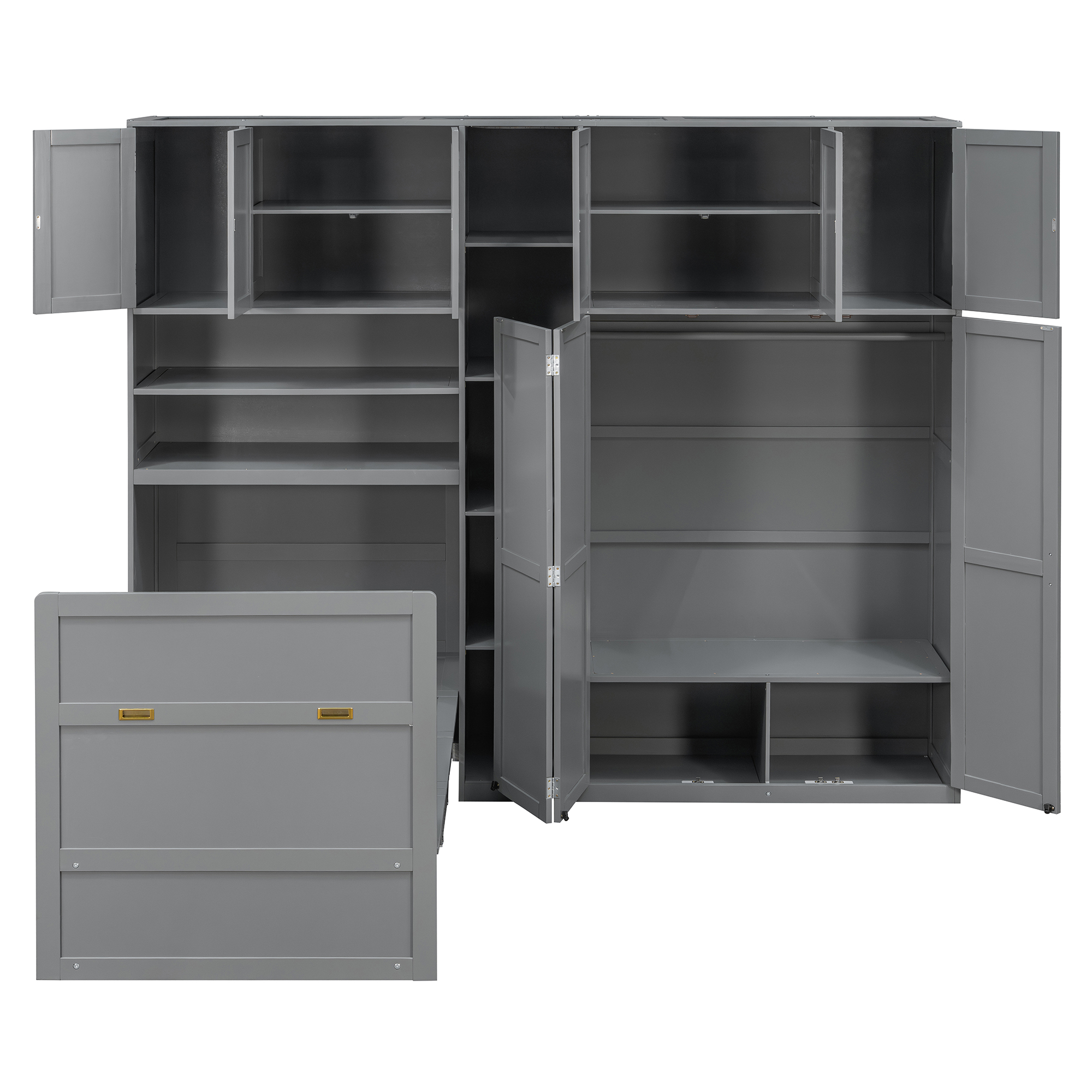 Twin Size Murphy Cabinet Bed With Wardrobe & Storage Shelves, 5-Tier LED Display Shelves, Overhead Cabinets