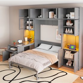 Full Size Murphy Bed With Storage Cabinets, Desk And Glass-door Hutch, USB & Power Outlet, LED Lighted Shelves