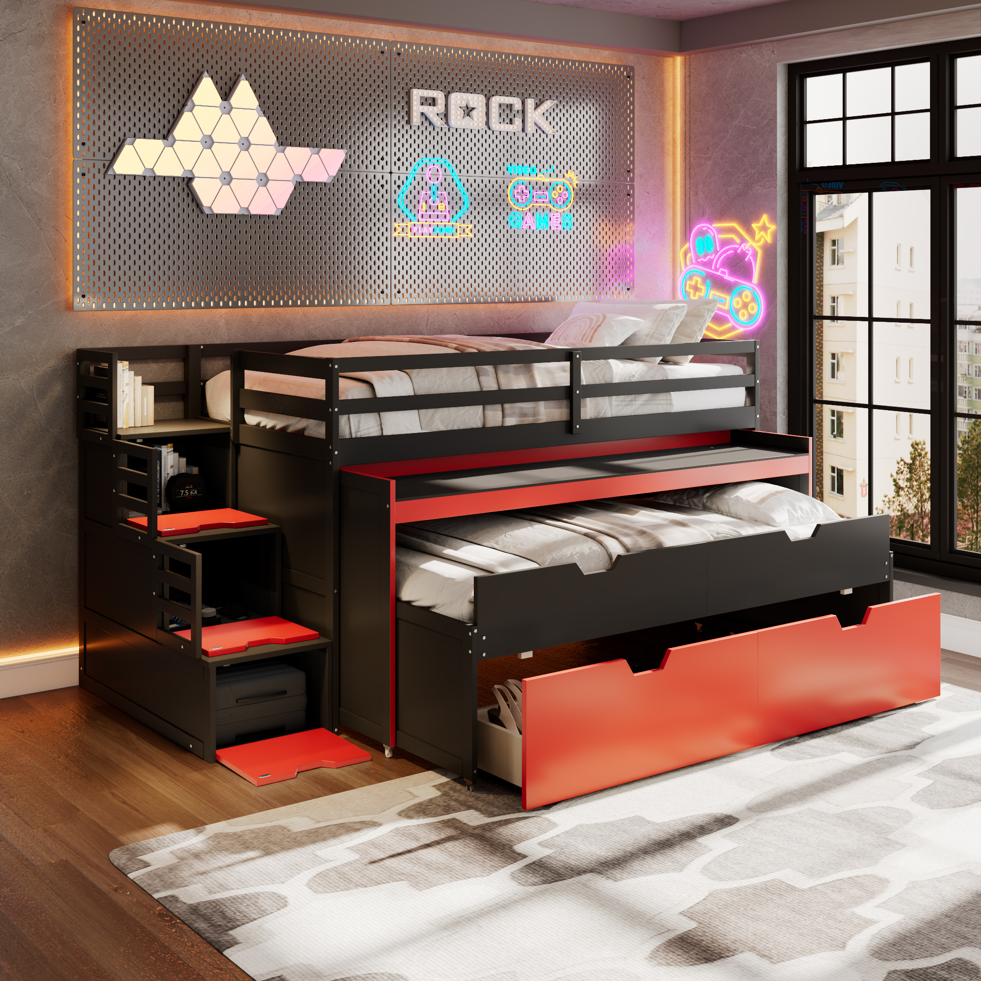 Twin XL Loft Bed with Pull-Out Desk and Twin Trundle