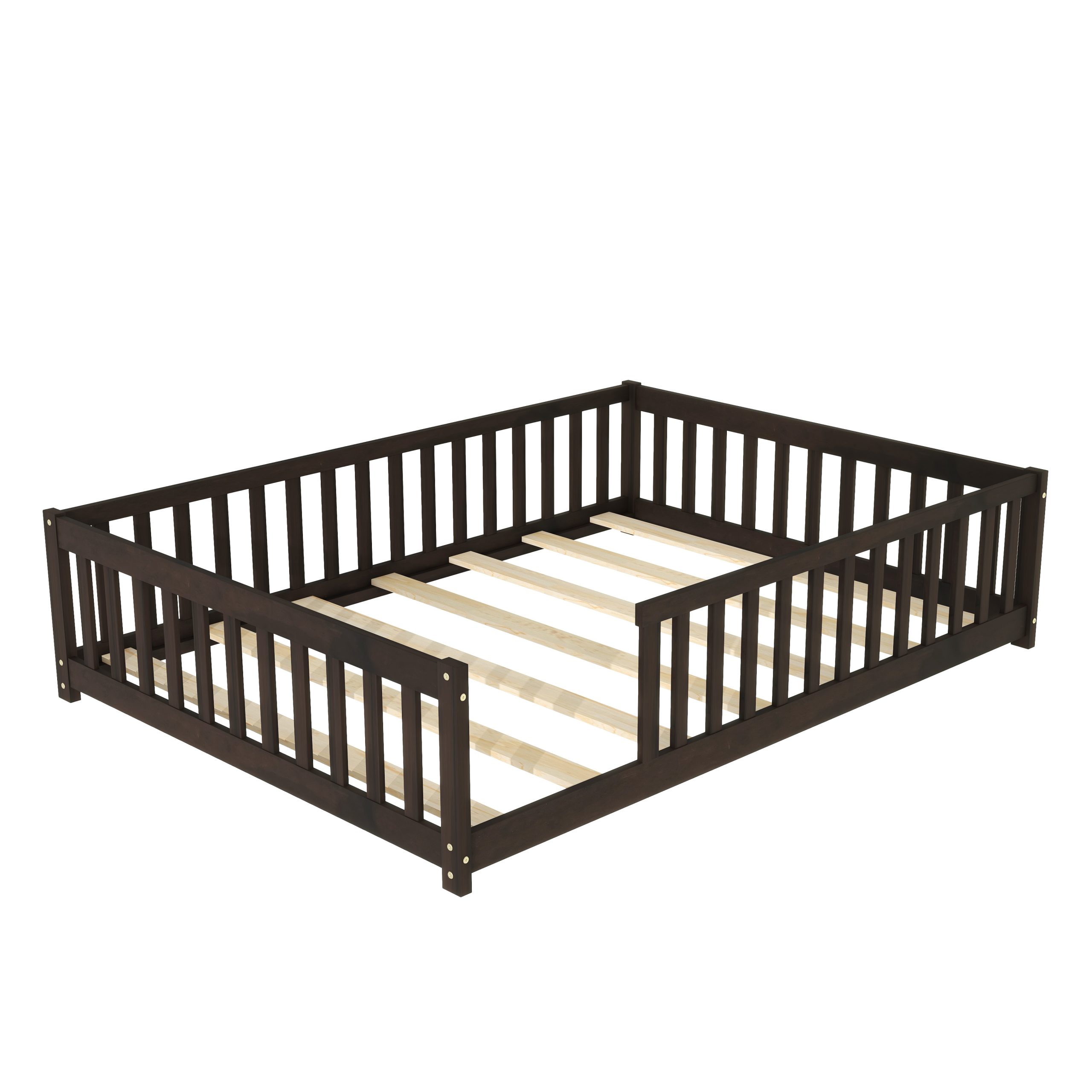 Rubber Wood Full Size Floor Bed with Fence without Door