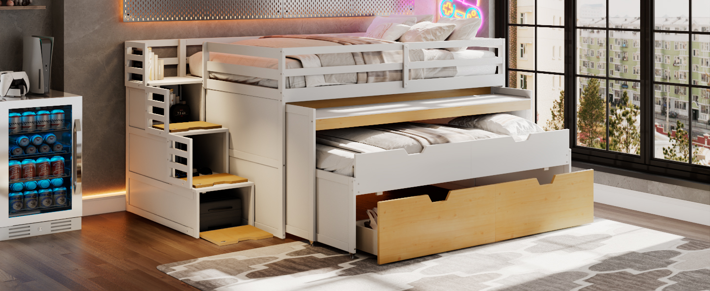 Full XL Loft Bed with Pull-Out Desk and Twin Trundle