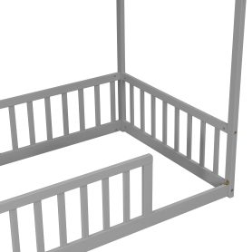 Twin Size House Floor Bed With Roof Frame and Safety Guardrails