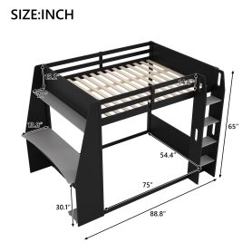 Full Size Wooden Gaming Bunk Bed with Desk,Two Storage Shelves,USB and LED Light