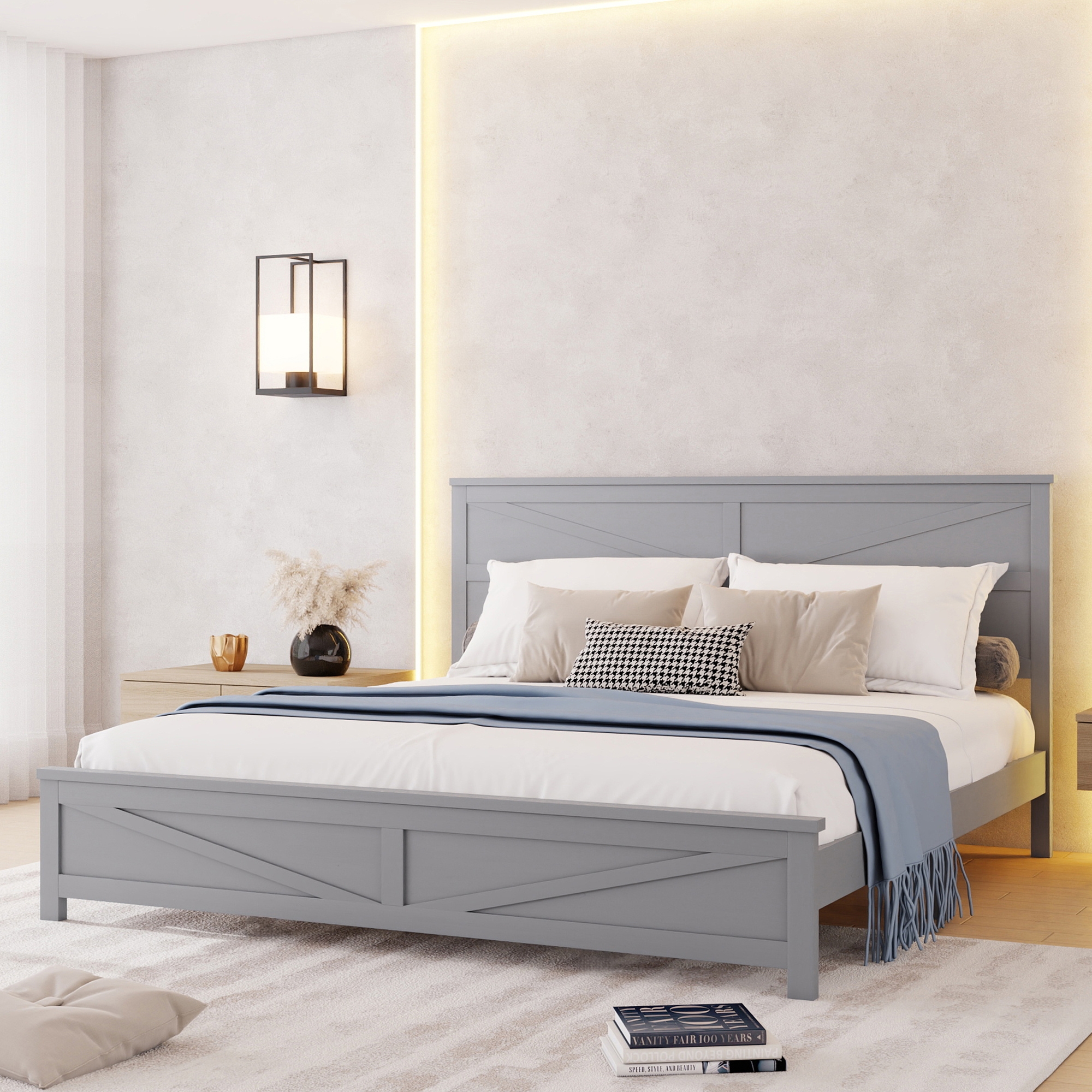 Farmhouse Style King Size Bed with Barn Door Designed Headboard and Footboard