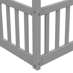 Twin Size House Floor Bed With Roof Frame and Safety Guardrails