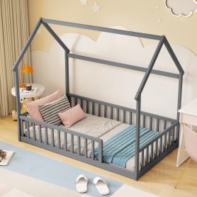 Twin Size House Floor Bed With Roof Frame and Safety Guardrails