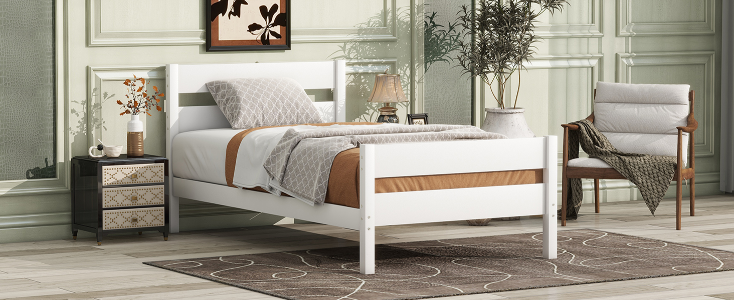 Rubber Wood Twin Platform Bed With Headboard