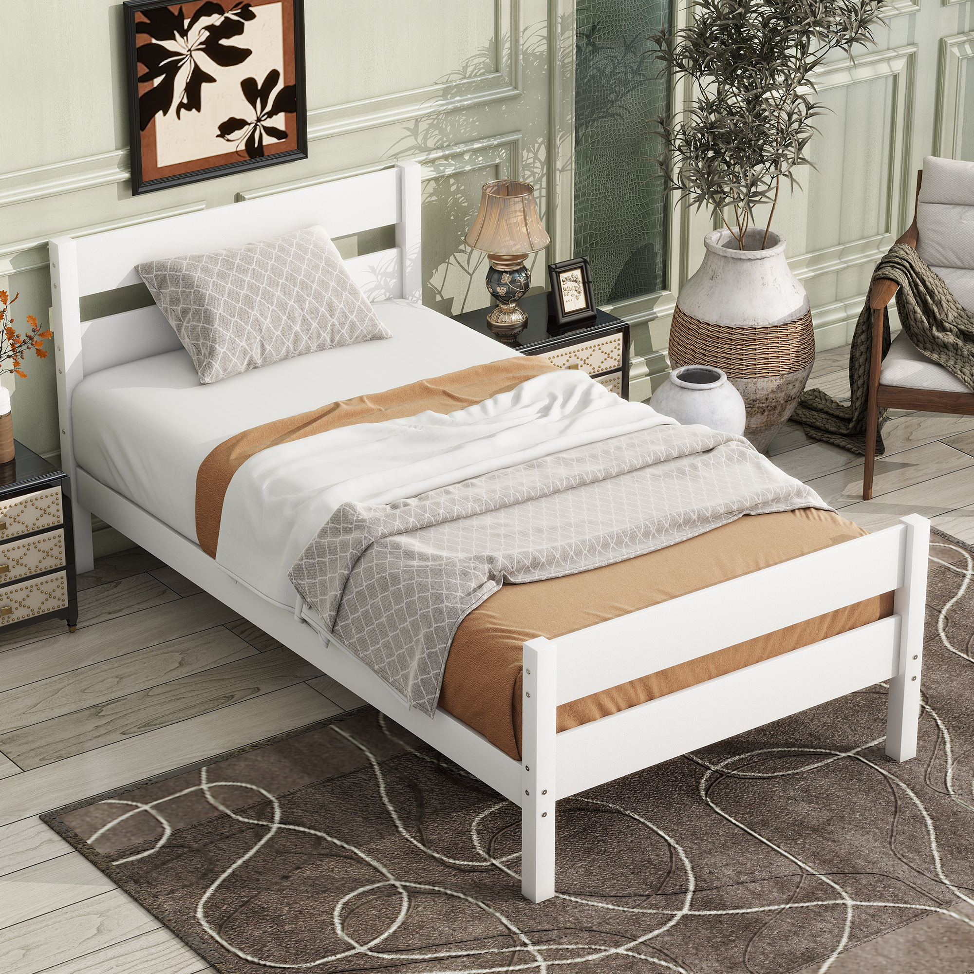 Rubber Wood Twin Platform Bed With Headboard