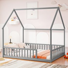 Full Size House Floor Bed With Roof Frame and Safety Guardrails