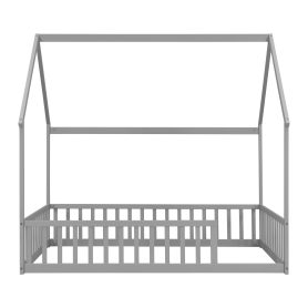 Full Size House Floor Bed With Roof Frame and Safety Guardrails